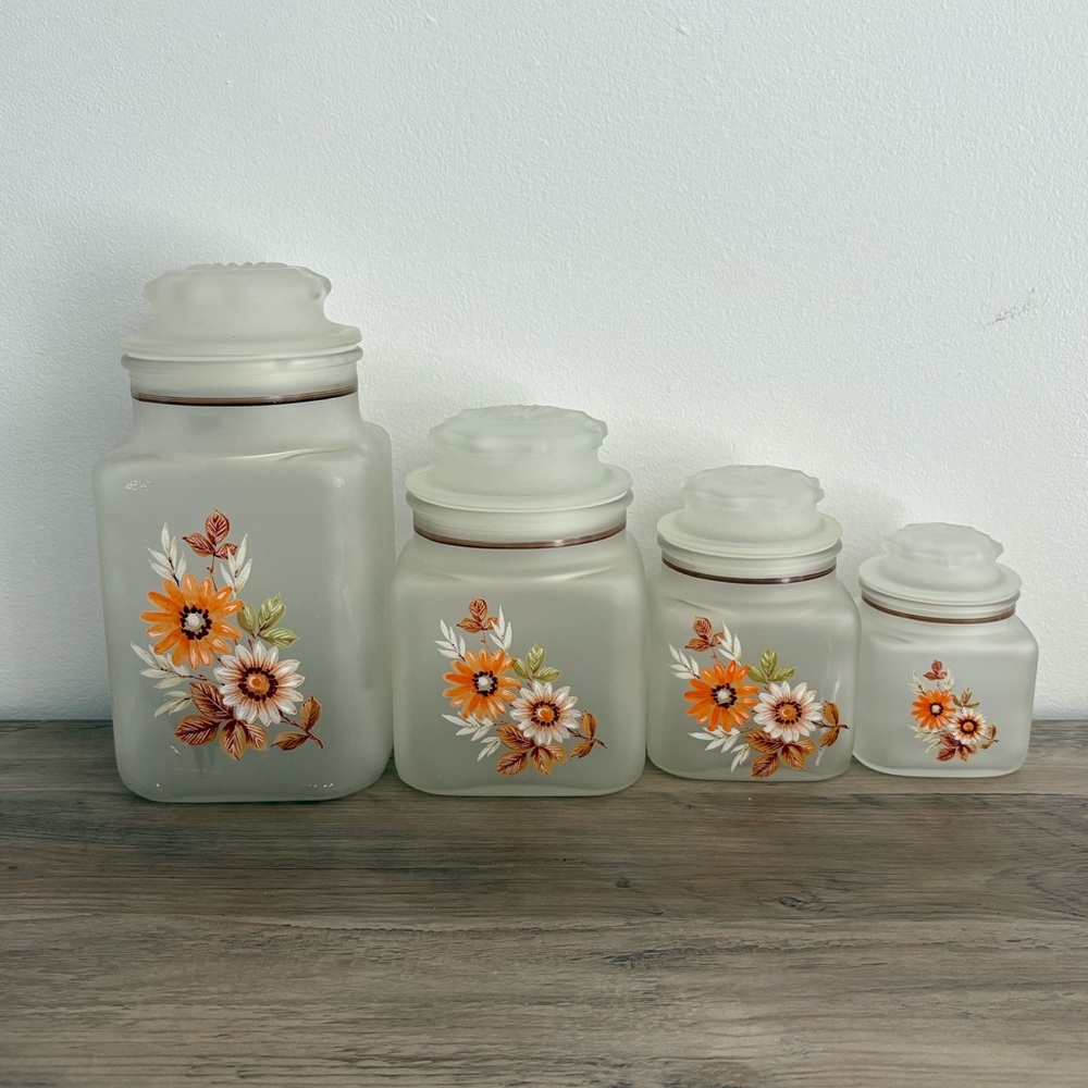 Vintage Retro Rare Anchor Hocking Frosted Glass Canister Floral Set